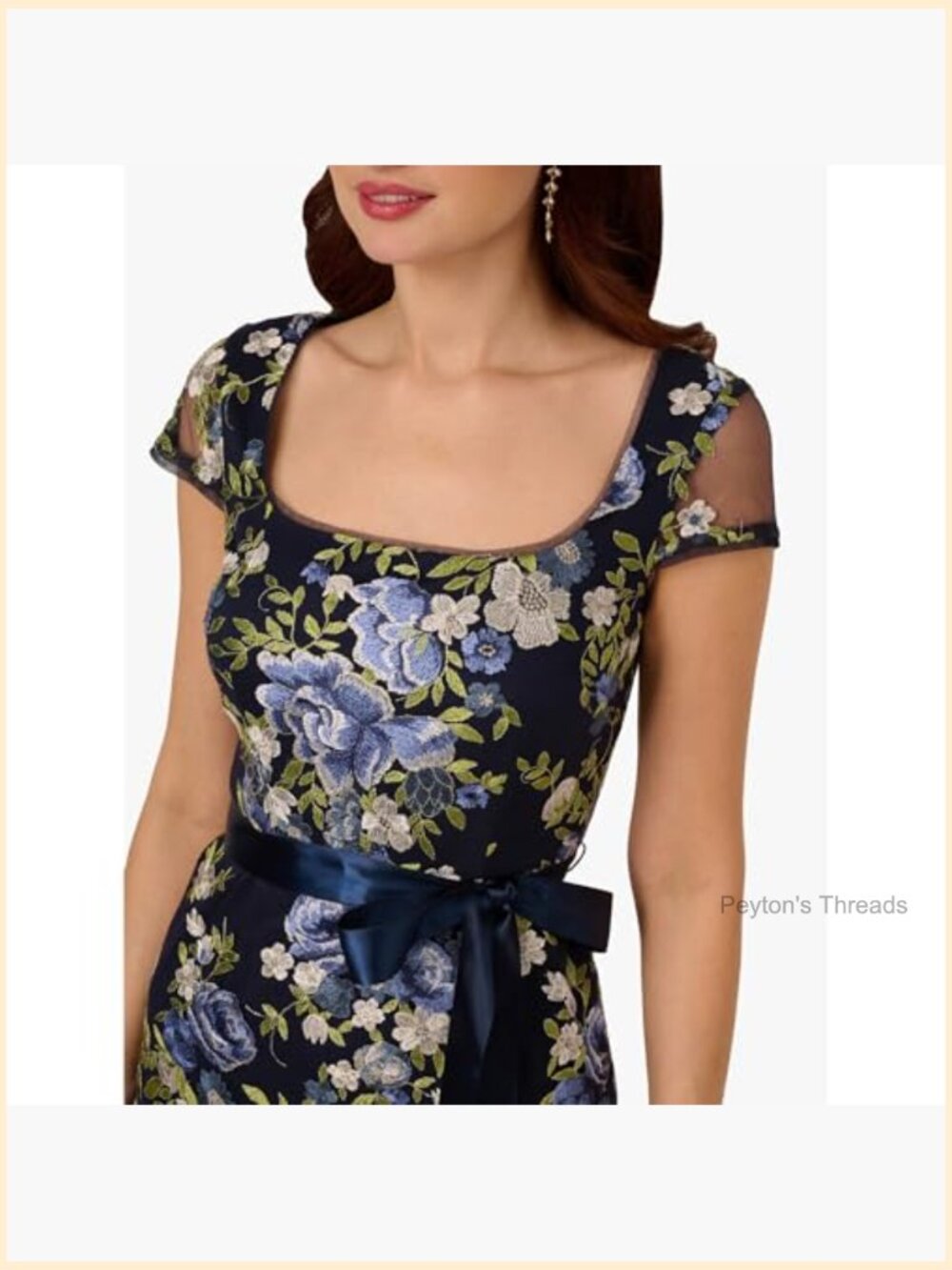 Embroidered Floral Maxi Column Gown Square Neck Cap Sleeve Formal - Picture 4 of 5
